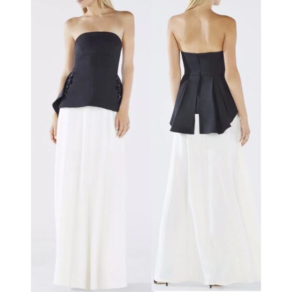 BCBGMaxAzria Evianna Color-Blocked Strapless Peplum Gown Black/White Womens US 4 - Picture 1 of 5